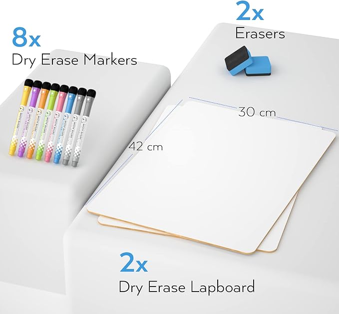 Nicpro Dry Erase Lap Board 12 x 16 inches 2 Pack Kid Double Sided Blank Small Lapboard with 8 Pens, 2 Eraser, Learning Mini Whiteboard Portable Drawing Board for Student and Classroom Use