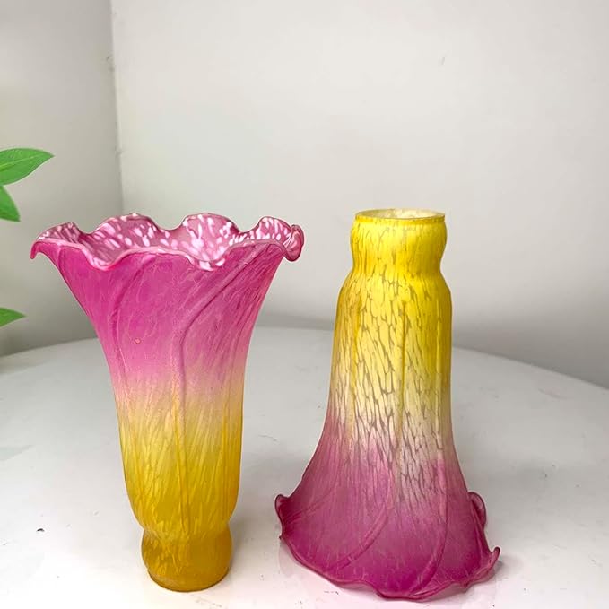 Bieye LS12 Lily Flower Blown Glass Lampshade (Yellow Pink, Opening I.D. 1.26" x O.D. 1.5")