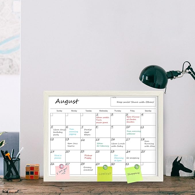 Calendar Whiteboard for Wall, 17x13 Inches Dry Erase Calendar for Wall, Small Magnetic Monthly White Board with Wood Framed, Hanging Dry Erase Board for Kitchen Home Office School Planner