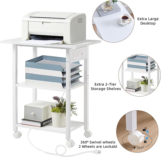 Lerliuo 3-Tier Printer Stand with Charging Station, Industrial Mobile Printer Table with Storage Shelf and Steel Frame, Rolling Printer Cart Holder with Lockable Wheels for Home, Office (White)