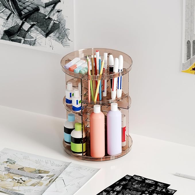 Rotating Makeup Organizer Countertop, DIY Adjustable Trays Spinning Skincare Organizers, Cosmetic Display Shelf with Perfume & Brush Holder, Multi-Function Desk Storage Carousel for Vanity Bathroom
