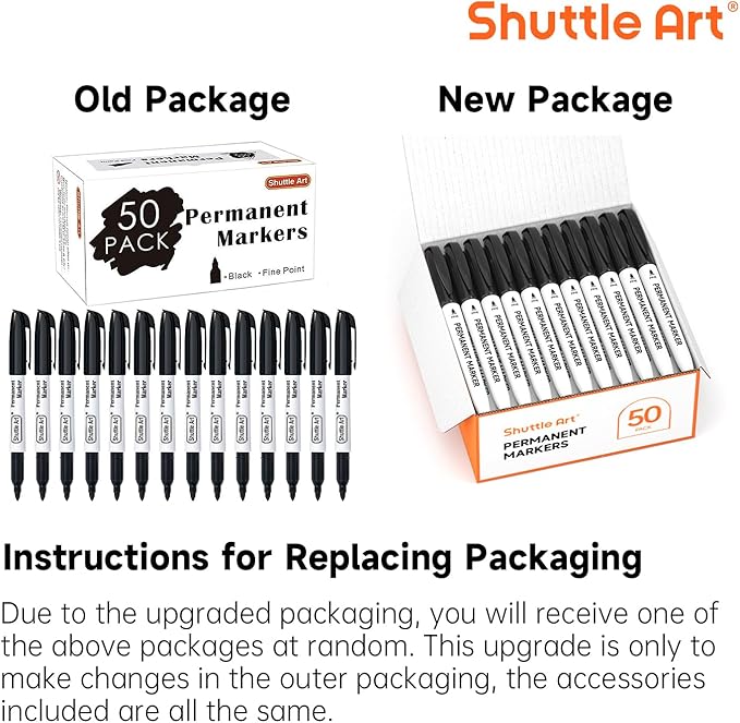 Shuttle Art Permanent Markers, 50 Pack Black Permanent Marker set,Fine Point, Works on Plastic,Wood,Stone,Metal and Glass for Doodling, Marking