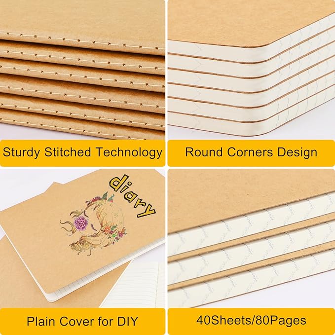 EUSOAR Graph Notebook, 6 Packs Large A4 8.5" x 11" 40 Sheets/ 80 Pages, 100gsm Thick Paper Kraft Journal Notebook, Student Sketchbook Composition Diary Subject Notebooks Planner Journal