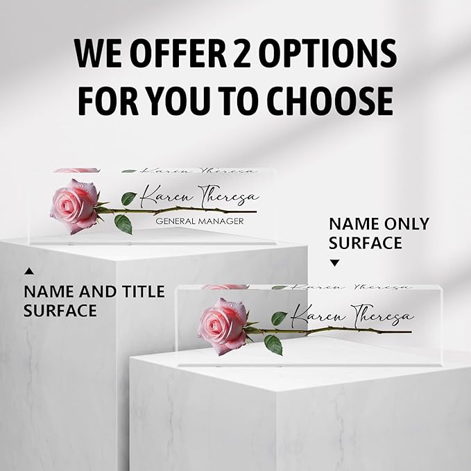 Custom Office Name Plate, Personalized Gifts for Women & Employees, Office Desk Accessory (A Rose)