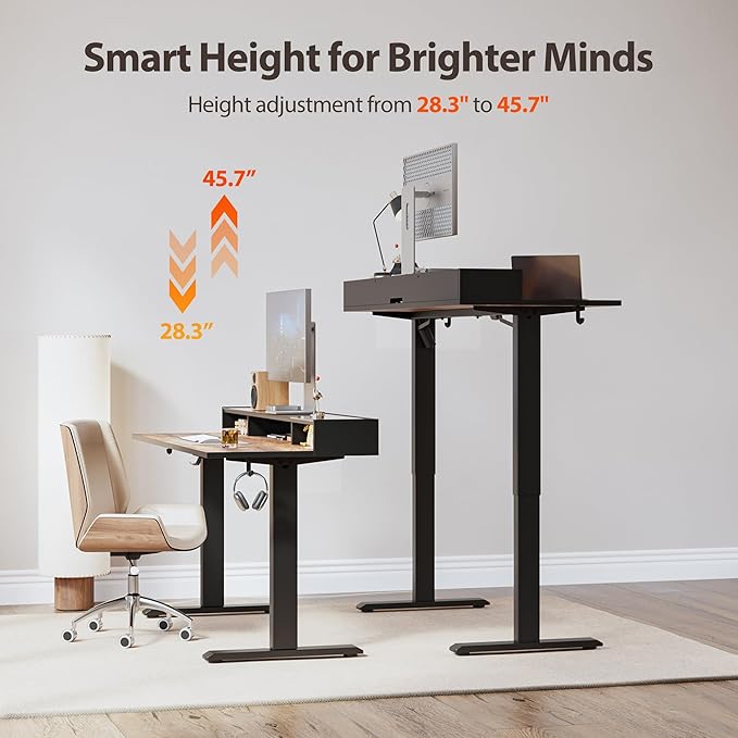 Agilestic Glass Standing Desk with Storage, 48 Inch Electric Adjustable Desk with Glass Shelf, Sit Stand Up Home Office Computer Table, Splice Board, Rustic Brown