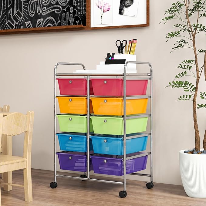 GOFLAME 10-Drawer Rolling Storage Cart, Art Craft Storage Organizer on Wheels, Multipurpose Movable Utility Cart for School, Office and Home, Rainbow