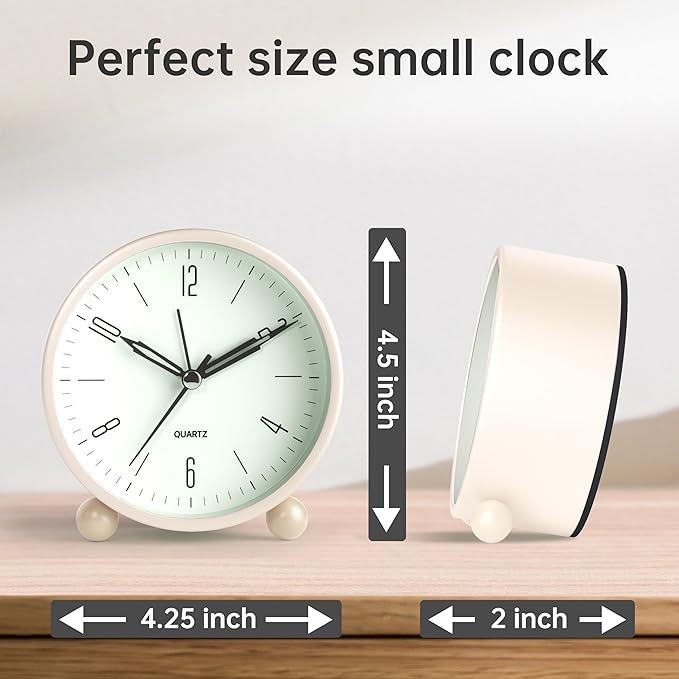 Analog Alarm Clock, 4 inch Super Silent Non Ticking Small Clock with Night Light, Battery Operated, Simple Design, Old Fashioned Style Cream Decor, for Bedroom, Bedside, Desk, Adult, Kid, Gift, White