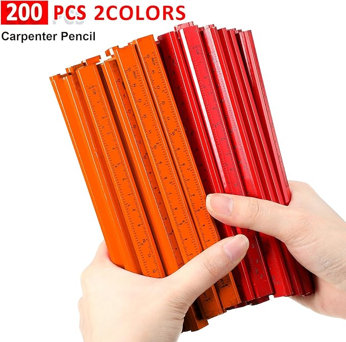 Honoson 200 Pcs Flat Construction Pencils with Printed Ruler Wood Graphite 2 Pcs Carpenter Pencil Sharpener for Woodworking Marking Tool (Orange and Red)