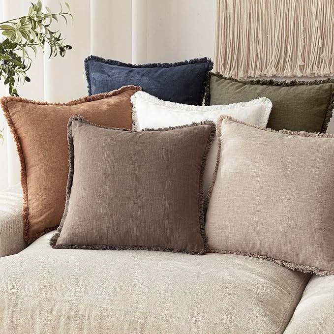Foindtower Set of 2 Decorative Linen Fringe Throw Pillow Covers Cozy Farmhouse Cushion Cover with Tassels Accent Pillowcase for Couch Chair Sofa Bed Living Room Home Decor,24×24 Inch,Light Coffee
