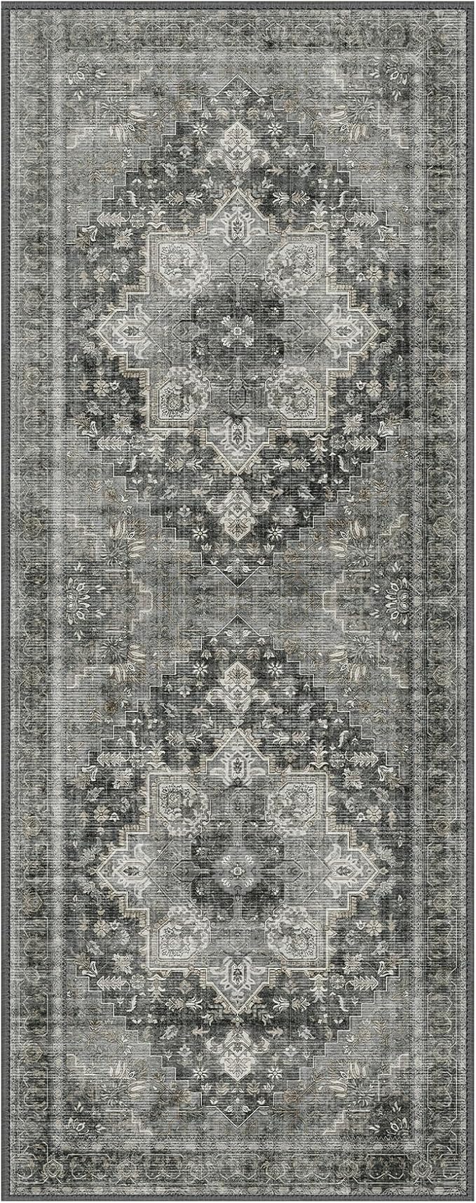 GENIMO 2x5 Runner Rugs for Hallway, Machine Washable Non Slip Vintage Rugs, Low Pile Lightweight Soft Print Rug for enrtyway, Corridor, Home Office, Kitchen, Charcoal Gray