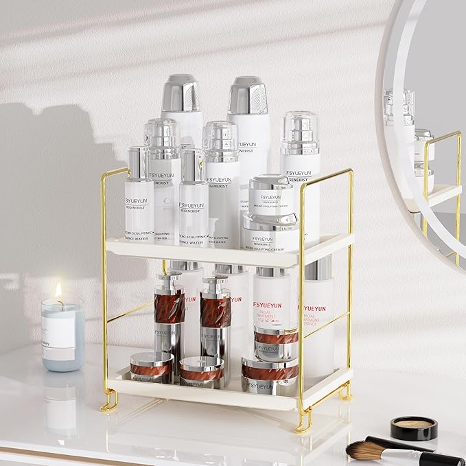 FSyueyun 2-Tier Bathroom Countertop Organizer, Tool-Less Installation Premium Plastics Makeup Shelf Organizer Perfume Skincare for Dresser Vanity Tray Organizers and Storage (Gold)