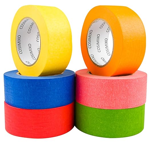 COSIMIXO Colored Masking Tape 1.88 inches x 60 Yards,Rainbow Colors Painters Tape 6 Rolls Colorful Painters Tape for Painting, Arts & Crafts, Labeling, Residue-Free Removal, Easy Hand-Tear