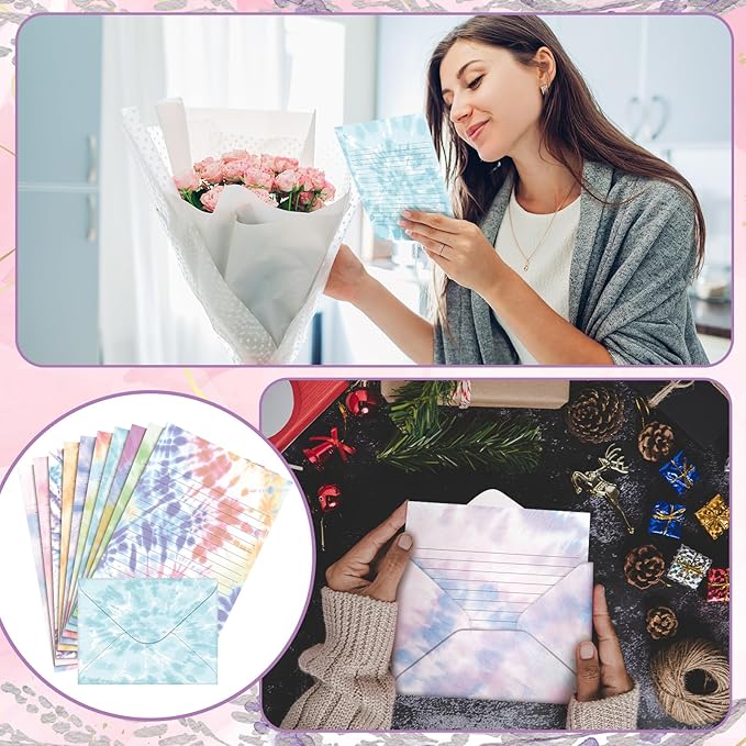 TaoBary 160 Pcs Stationery Paper Set 50 Double Sided Stationery Papers with 50 Matching Envelopes and 60 Round Dot Sticker, 10 Design(Tie Dye,5.5 x 8.25 Inch)