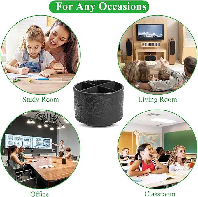 Hennaja Round Leather Art Supply Organizer,Remote Control Holder,360 Degree Spinning,Multi-Functional Pencil Holder,4 Compartments Desktop Stationary Organizer(1-Carved Black)