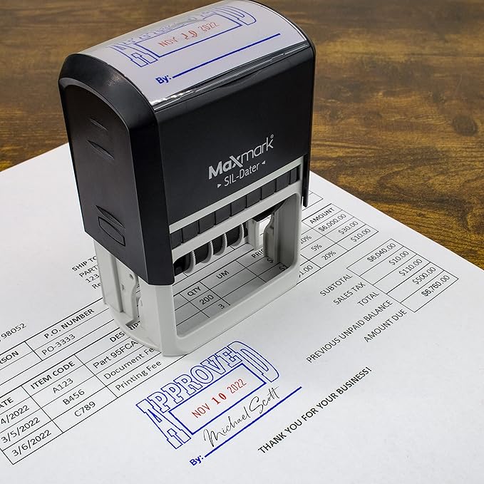 MaxMark Large Self-Inking Rubber Date Office Stamp with Faxed Phrase & Date - Red Ink, 12-Year Band - Style 3
