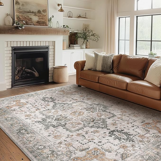 GENIMO 6x9 Area Rugs for Living Room, Machine Washable Low Pile Rugs, Chenille Non Alip Vintage Rug for Bedroom, Dining Room, Home Office, Light Taupe Brown