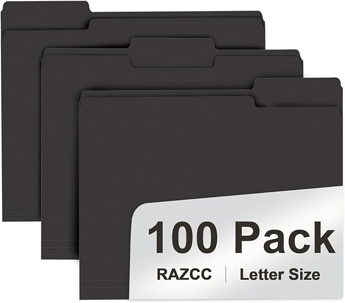 File Folder, RAZCC 100 Pack 1/3 Cut Tab File Folders Letter Size, Black Folders for Dcouments, Folders with Tab Great for Organizing and Easy File Storage