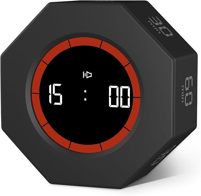 GuDoQi Digital Productivity Timer, Octagon Rotating Pomodoro Timers with Gravity-sensor, 1-3-5-15-30-60-90 Min Countdown, Portable Adjustable Sound Alert Multi Desk Timer or Study Task, Kitchen, Black