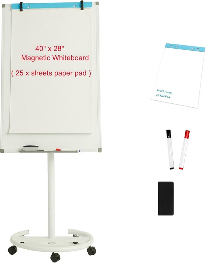 BIBOC Mobile Dry Erase Board – 40x28 inches Magnetic Portable Whiteboard Stand Adjustable Easel White Board Flipchart Easel Board with 25 Sheets Paper Pad 1 Eraser, 2Markers