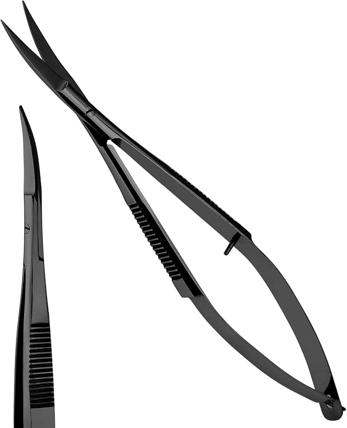 Cross Edge Curved Spring Scissors 5 Inch Stainless Steel Precision Eyebrow & Eyelash Shaping & Trimming Scissor, Snips Squeeze, Embroidery, Knitting Micro Tip Craft Scissors (Black)