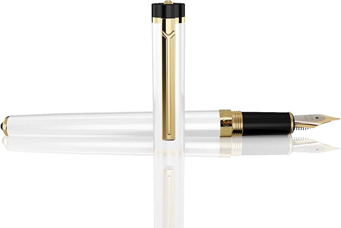 Dryden Designs Fountain Pen Medium Nib, Pearl White, Left and Right Handed, Includes 24 Ink Cartridges - 12 Black and 12 Blue