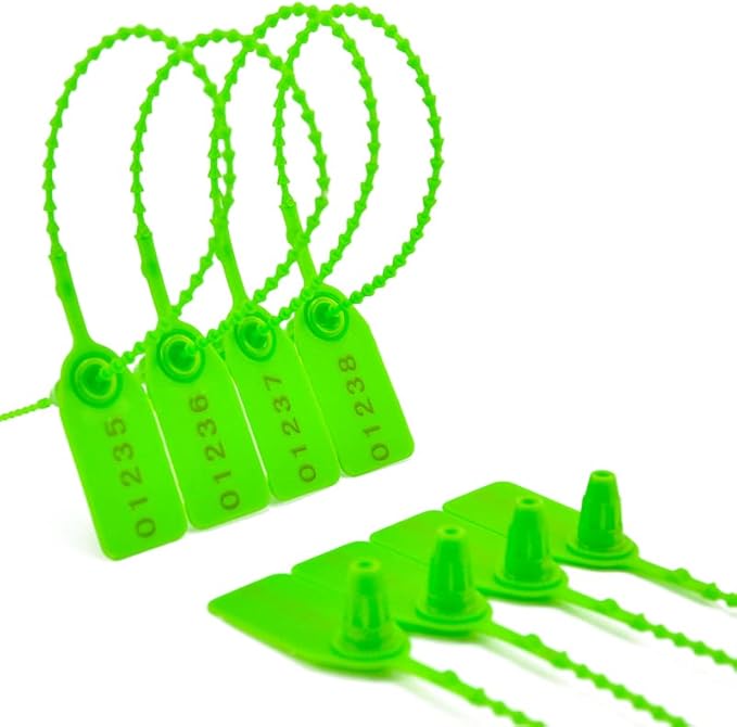 100Pcs Plastic Tamper Shipping Seals Pull-Tite Security Seal Signage Numbered Fire Extinguisher Tags Zip Ties Labels Disposable Self Locking for Logistics, Luggage,Transport (Green, 100pcs)