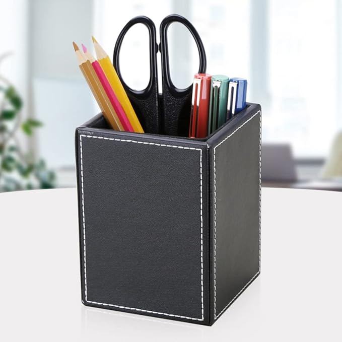 KINGFOM PU Leather Square Pens Pencils Holder Cup Desktop Stationery Organizer Case Office Accessories Container Box (black)