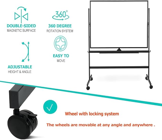 BIBOC 32x48 Inches Large Mobile Dry Erase Whiteboard with Rolling Stand - Double Sided Height Adjustable Whiteboard for Office, School- Aluminum Frame & Durable Writing Surface (48×32 inches)