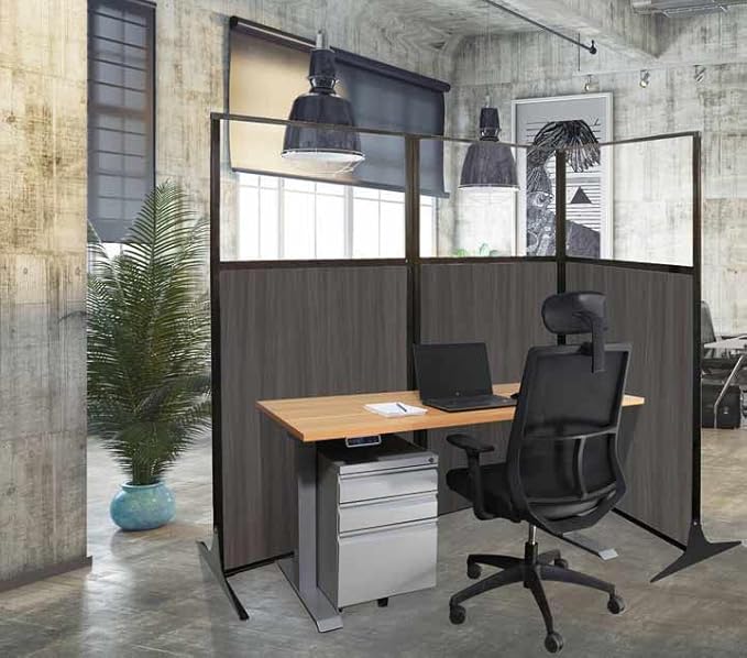 Versare Workstation Partition | Portable Wall Divider | Modern Office Cubicle | Free Standing Privacy Screen | Flexible Work Space | 66" x 70" Gray Elm Wood Grain Panels with Clear Window