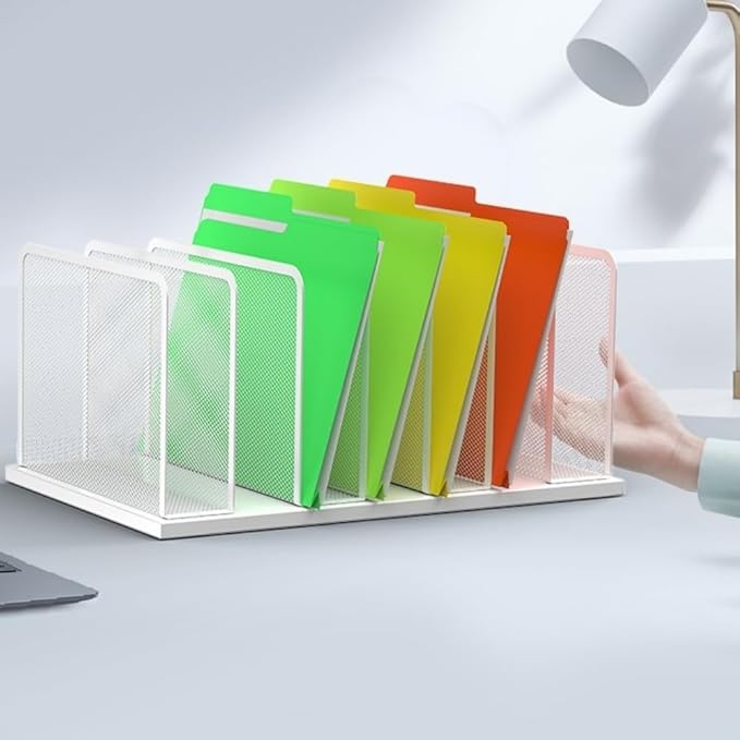 Kuntine.B Desk File Organizer Upright Mesh Desktop Organizer File Sorter Office Organization File Holder for Home, Office & Classroom (White, 1 Pack 7-Section)