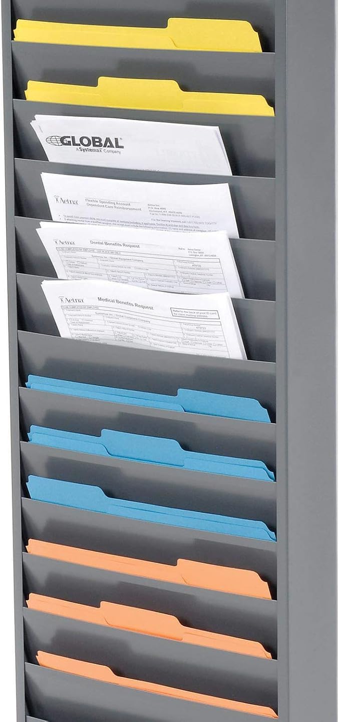 Global Industrial Steel Medical Chart Hanging Wall File Holder, 20 Pockets, Gray, Wall Mounted Magazine and File Folder Holder, 12-1/2"W x 8-3/8"H Pockets