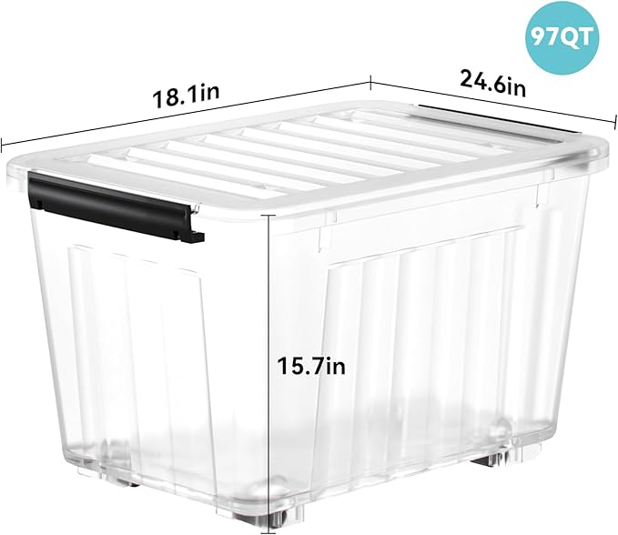 Nazhura 97Quart Plastic Storage Bin, Stackable and Nestable Storage Boxes with Clear Lids and Secure Latching Buckles, Large Storage Container (Clear, 97Quart-6Pack)