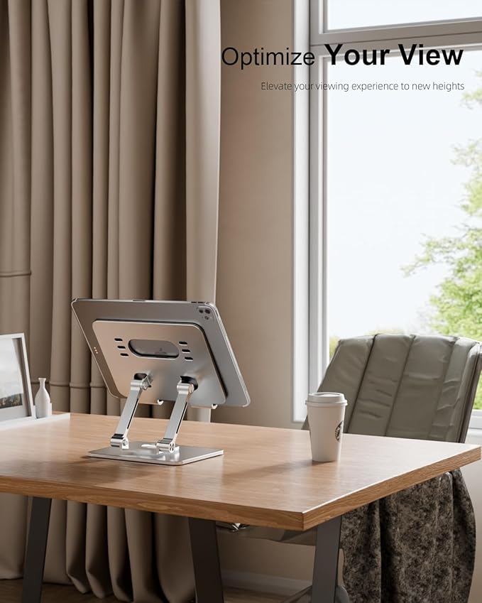 Tablet Stand Holder with Thickened 360°Rotating Base Dual Rod Adjustable Aluminum Stand for All 5.8-12.9” iPad Samsung Phone Tablet Kindle E-Reader and More, Silver