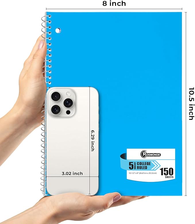 Rosmonde Bulk Spiral Notebook 24 Pack, 5 Subject, 300 Pages/Book (150 Sheets), 8 x 10-1/2, College Ruled, School & Office Spiral Notebooks, Back to School Notebook Journal, Soft Cover, Assorted Colors
