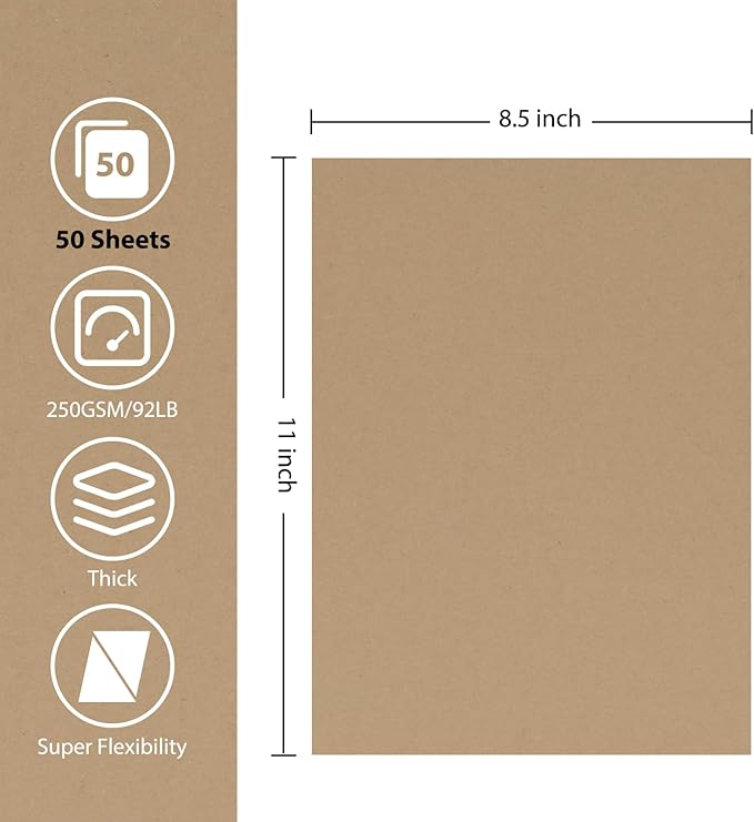50 Sheets Brown Cardstock Paper, Colored Printer Paper 8.5 x 11, Card Stock Thick Construction for Craft,Scrapbook，Office Printing, Invitations, Certificates，92 lb/250gsm
