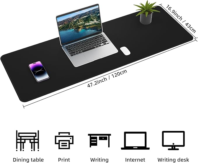 Large Desk Mat 47.2" x 17" Leather Desk Pad Protector with Natural Cork & PU Leather, Non-Slip Office Desk Mat, Large Mouse Pad, Waterproof Desk Blotter pad for Office&Home(Black)