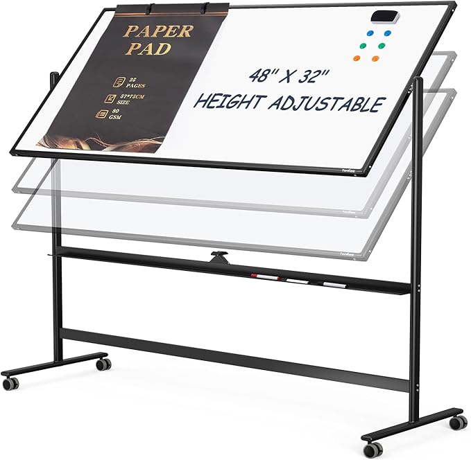 Dry Erase Whiteboard Easel on Wheels - TANKEE 48" x 32" Large Double Sided Mobile Whiteboard, Reversible Magnetic Rolling White Board for Home Office Classroom, Flip Chart Holders and Paper Pad