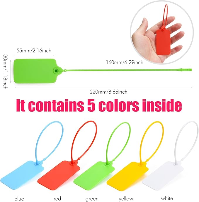 100 Blank Plastic Tags for Labeling Waterproof Hanging Labels Writable Tags Seal Plastic Marking Label for Clothes Bags Keys Inventory with One Marker Pen (Mixed 5 Color)
