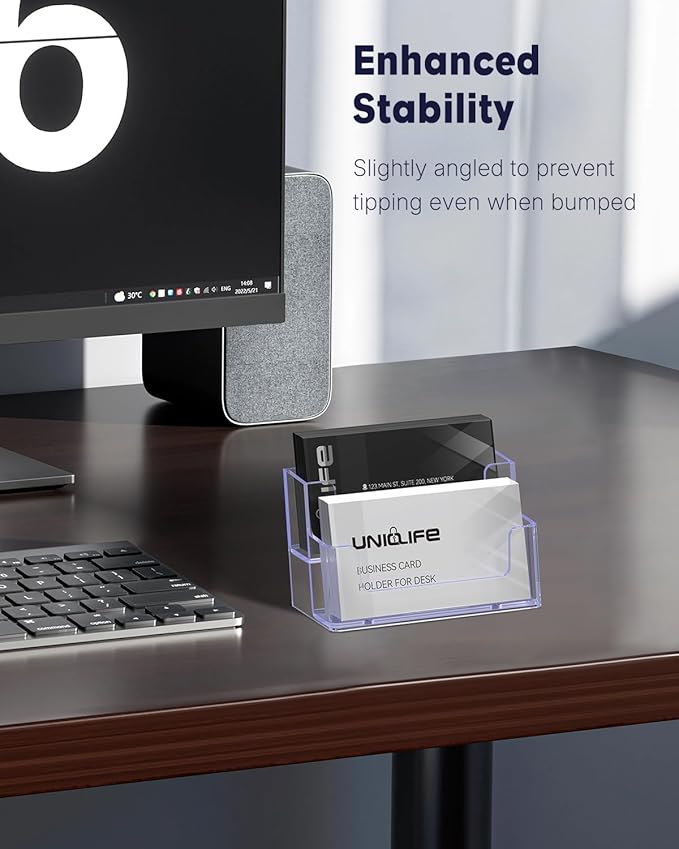 Uniclife 2 Pack Acrylic Business Card Holder for Desk 2 Slots Clear Business Card Display Stand for Men & Women Desktop Business Card Organizer Card Stand for Office Home Exhibition, 120 Card Capacity
