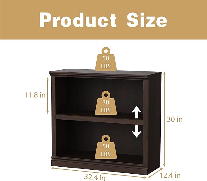 blini 2-Shelf Bookcase Wooden Bookshelves 33in Wide Floor Standing Display Storage Shelves Oak Bookcase for Home Office, Living Room, Bed Room