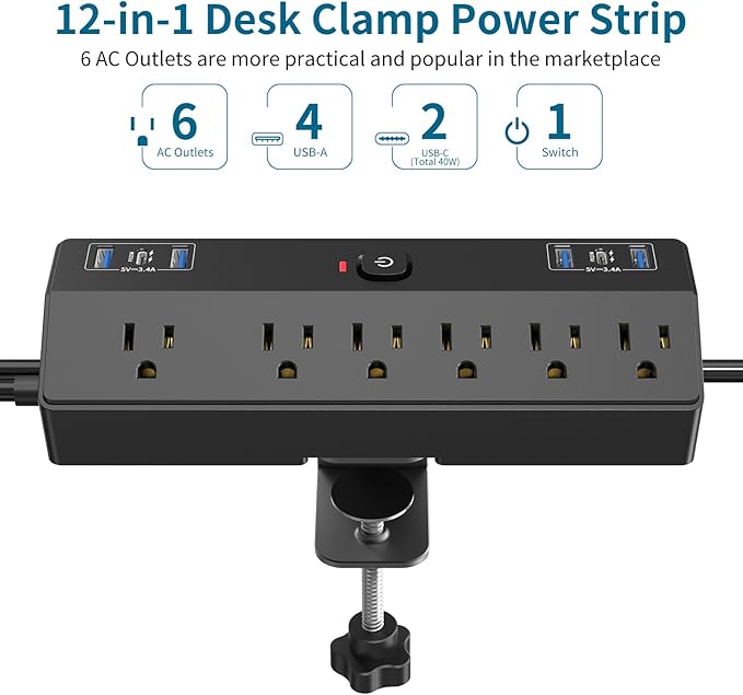 Desk Clamp Power Strip 2 USB C Desktop Mount Outlet Charging Station, 10FT Extension Cord Flat Plug with 6 AC, Removable 40W Fast Charging Surge Protector Power Strip Fits 1.8" Office Tabletop Edge