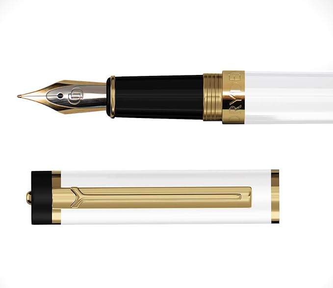 Dryden Designs Fountain Pen Medium Nib, Pearl White, Left and Right Handed, Includes 24 Ink Cartridges - 12 Black and 12 Blue