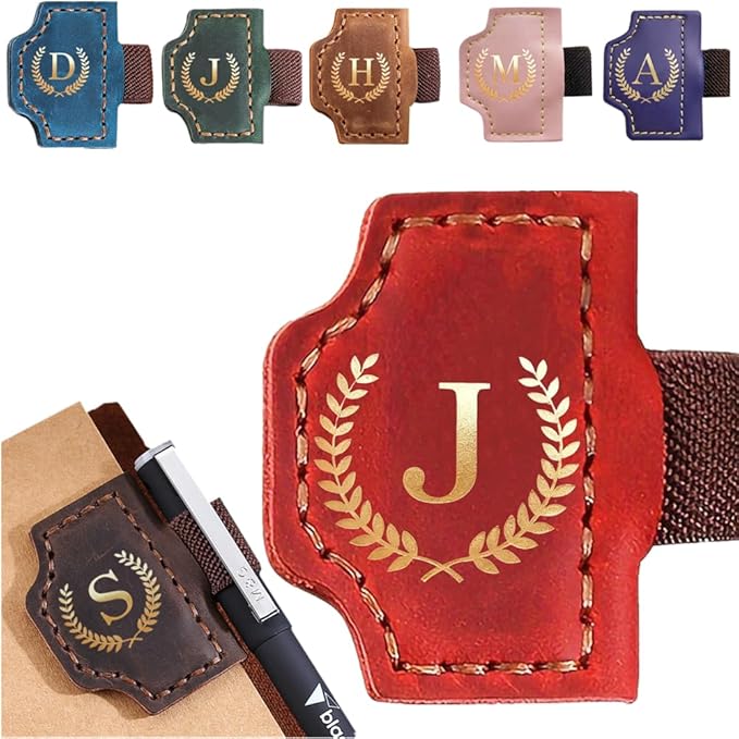 Personalized Mark Bookmark with Pen Holder, Leather Magnetic Book Marker 26 Letters,Custom Initials Page Marks, Gifts for Book Lovers Readers Men Women (Red, J)