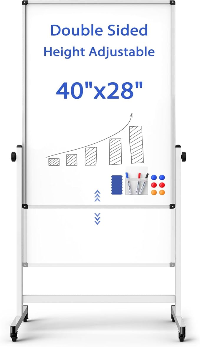 Rolling Whiteboard on Wheels, Double-Sided Magnetic Dry Erase Board with Stand, Mobile White Board for Office, Classroom, Home (28" x 40")