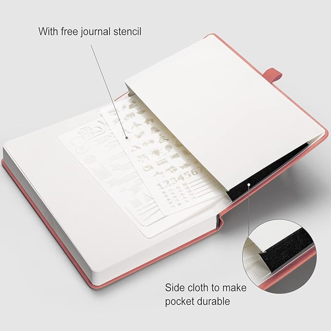AHGXG Bullet Dotted Journal - 320 Numbered Pages Dot Grid Notebook A5 Thick Journal, 100gsm Thick Dotted Paper, Leather Hardcover,Inner Pocket, 5.75'' × 8.38'' - Pink