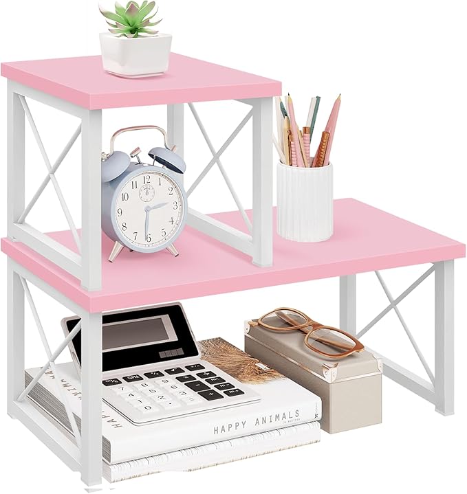 ELITEROO Desktop Shelf, 2 Tier Independent Stackable Desk Stand, Adjustable Freestanding Table Top Mini Bookshelf, Aesthetic Storage Organizers for Women/Girls/Daughter, Pink