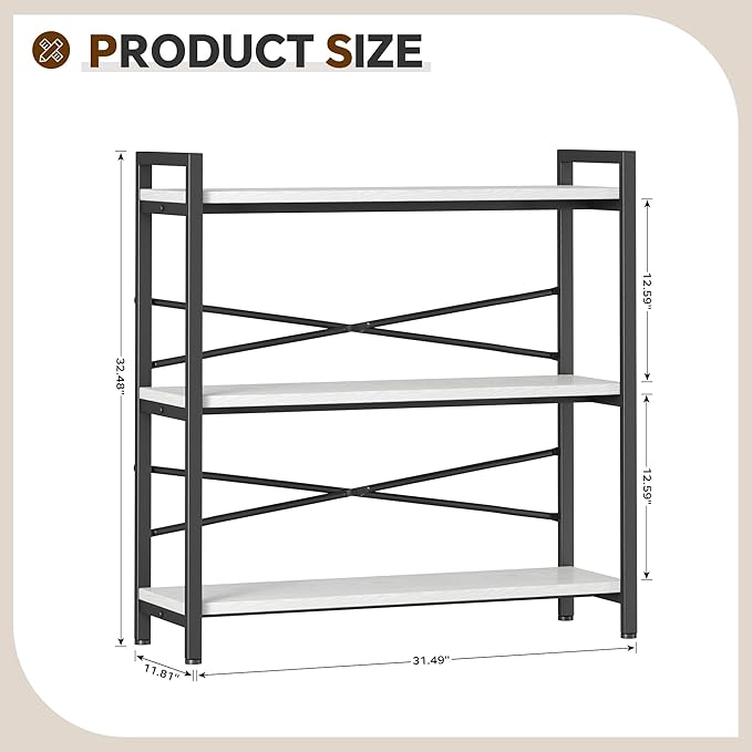 Book Shelf, 3 Tier Bookshelf 31.49" Width, Book Shelf Storage and Organization, Wooden and Metal Industrial Bookcase, Large Book Shelves for Home Living Room Bedroom Office Storage(White)