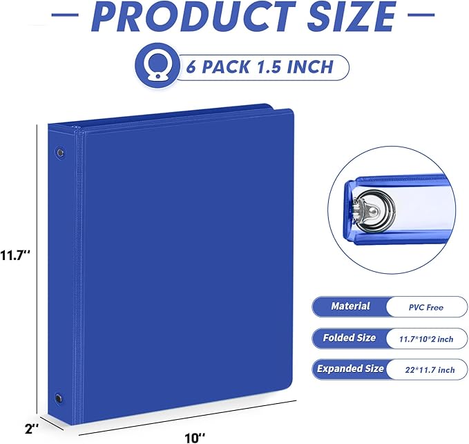 3 Ring Binder 1.5 Inch, PANDRI 6 Pack 1.5-Inch Binder Fits Letter Size 8.5'' x 11'' Paper, Versatile Binders for Office Home School, 2 Pockets, Assorted 6 Color