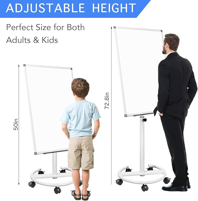BIBOC Mobile Dry Erase Board – 40x28 inches Magnetic Portable Whiteboard Stand Adjustable Easel White Board Flipchart Easel Board with 25 Sheets Paper Pad 1 Eraser, 2Markers
