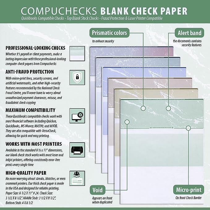 Compuchecks Check on Top Blank Check Paper - 1000 Pack, Quick-Books & Laser Printer Compatible - Security Business Checks with Voucher - 8.5" x 11" Blue Diamond